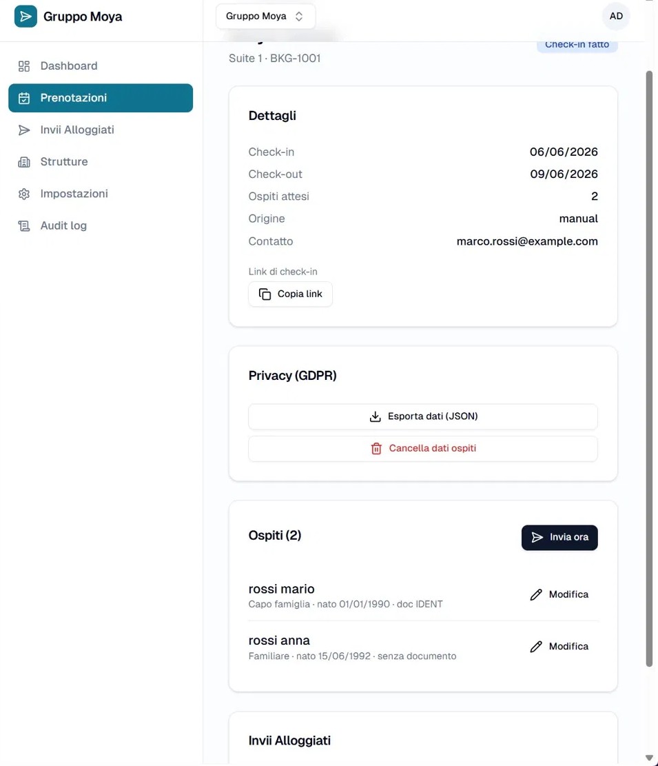 Admin panel del Check-in Engine — dettaglio prenotazione con dati check-in, privacy GDPR e lista ospiti