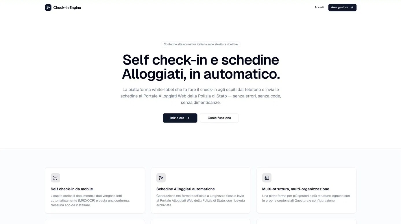 Check-in Engine — landing pubblica del prodotto, titolo «Self check-in e schedine Alloggiati, in automatico»